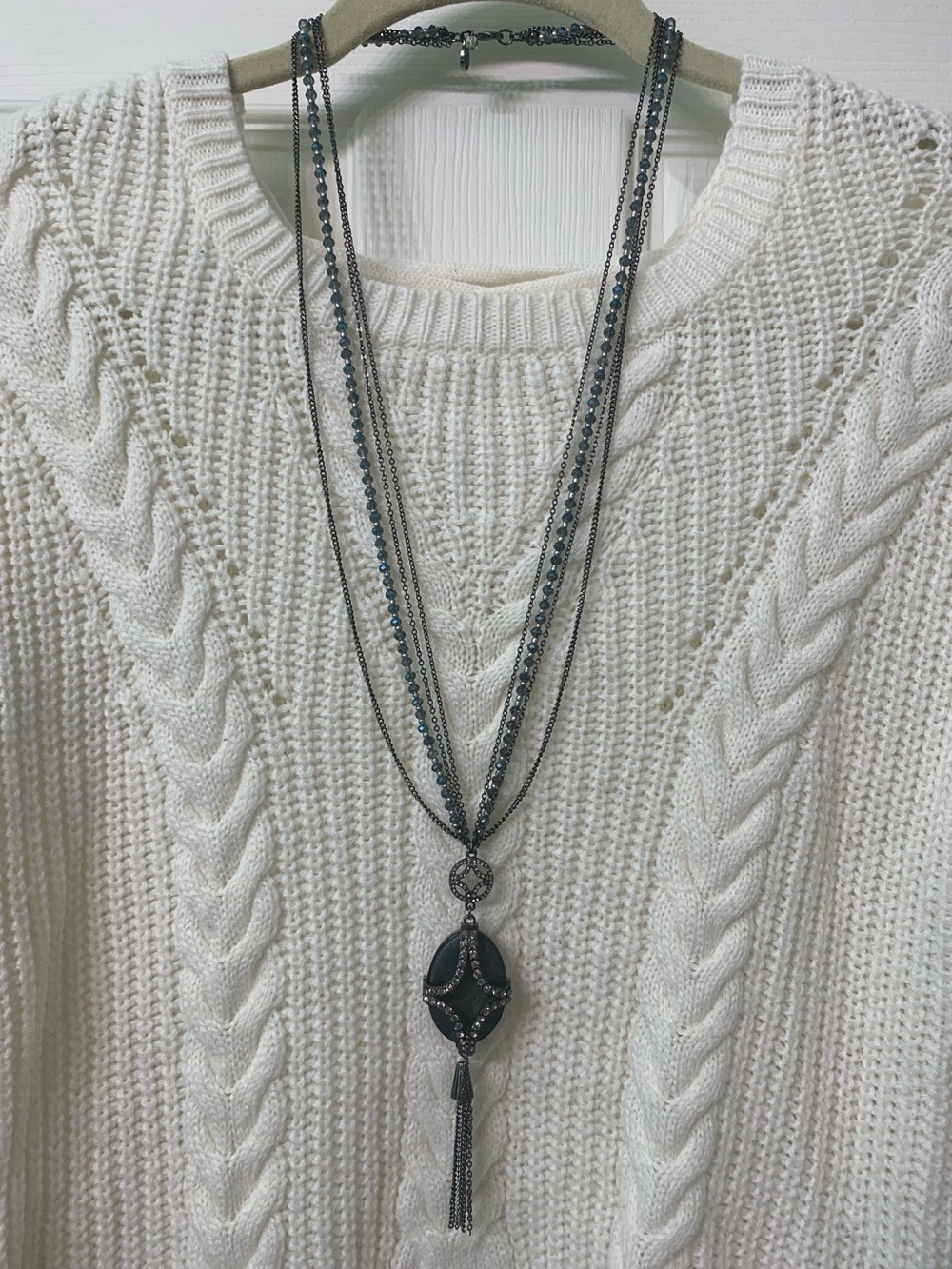Vera Wang Blue Crystal Statement Necklace Long Layered Tassel Pendant